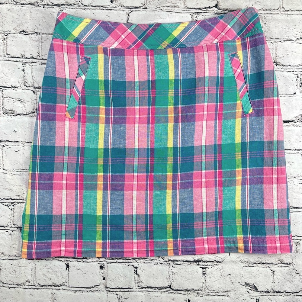 Talbots Madras Pastel Plaid Linen-Blend Skirt 6